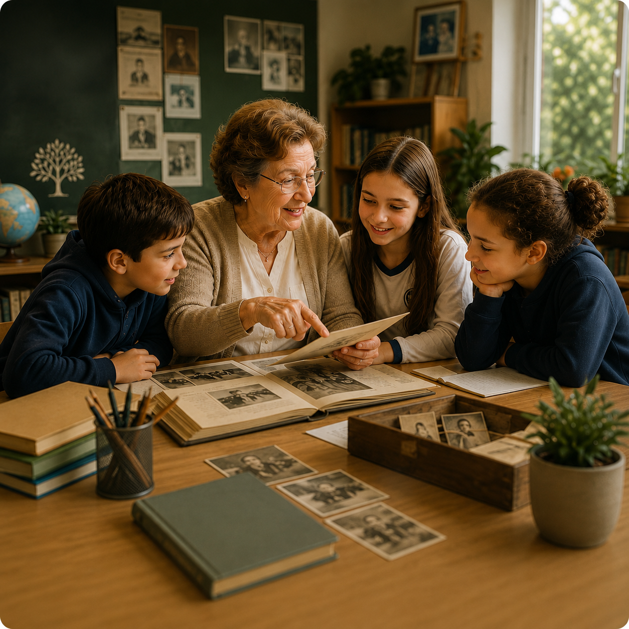 Educadora compartilhando álbum histórico com alunos em sala de aula