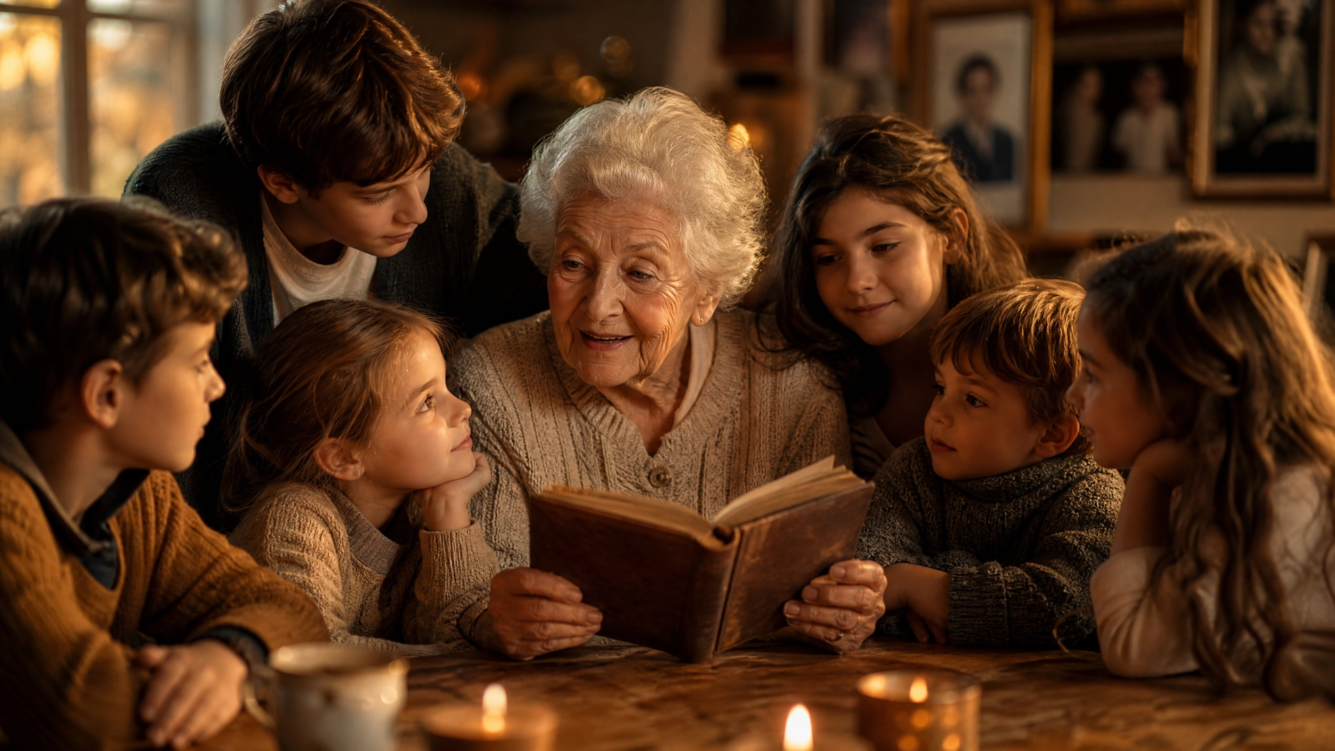 Avó lendo o livro de memórias rodeada pelos netos à luz de velas
