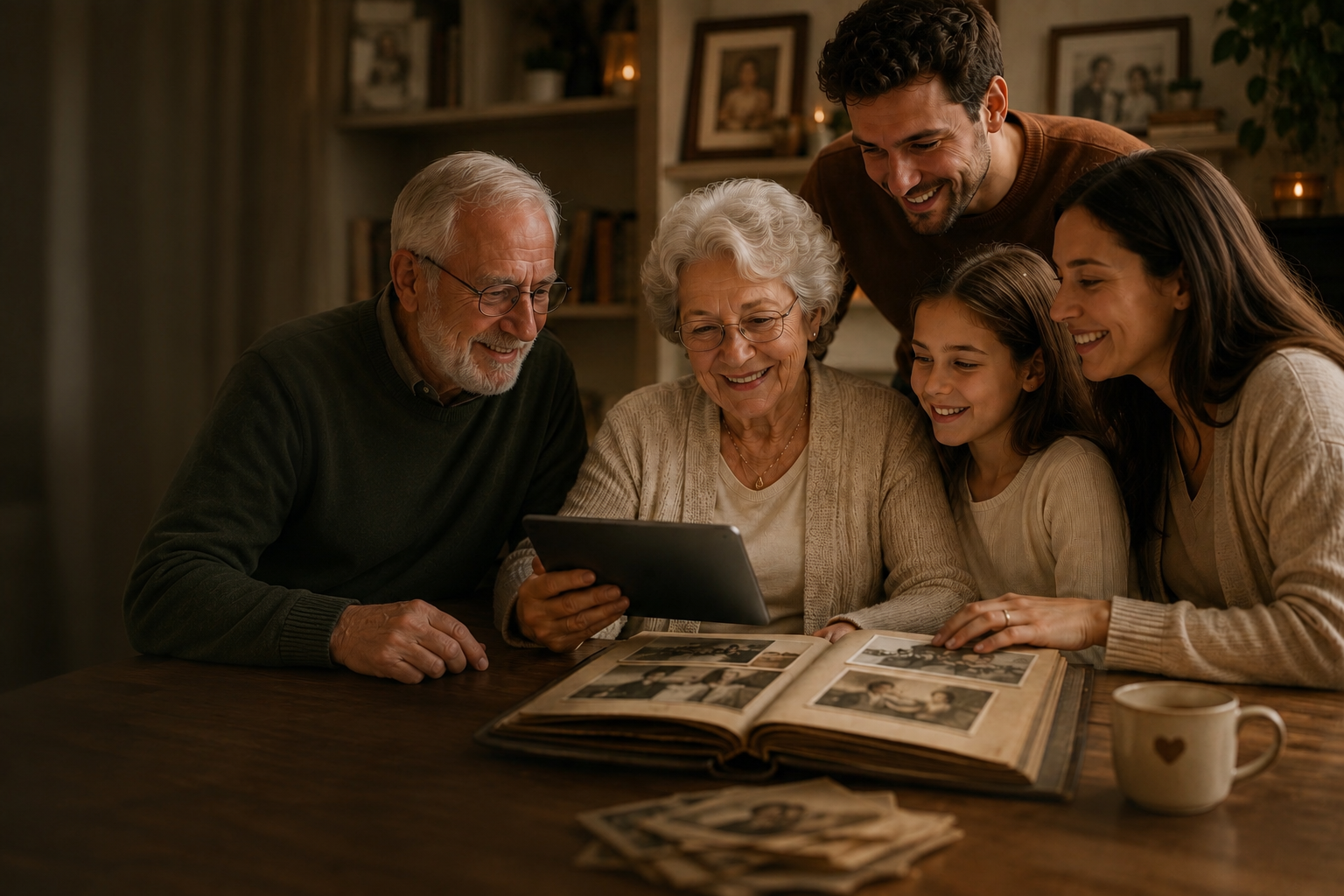 Família revendo álbum e memórias em um tablet
