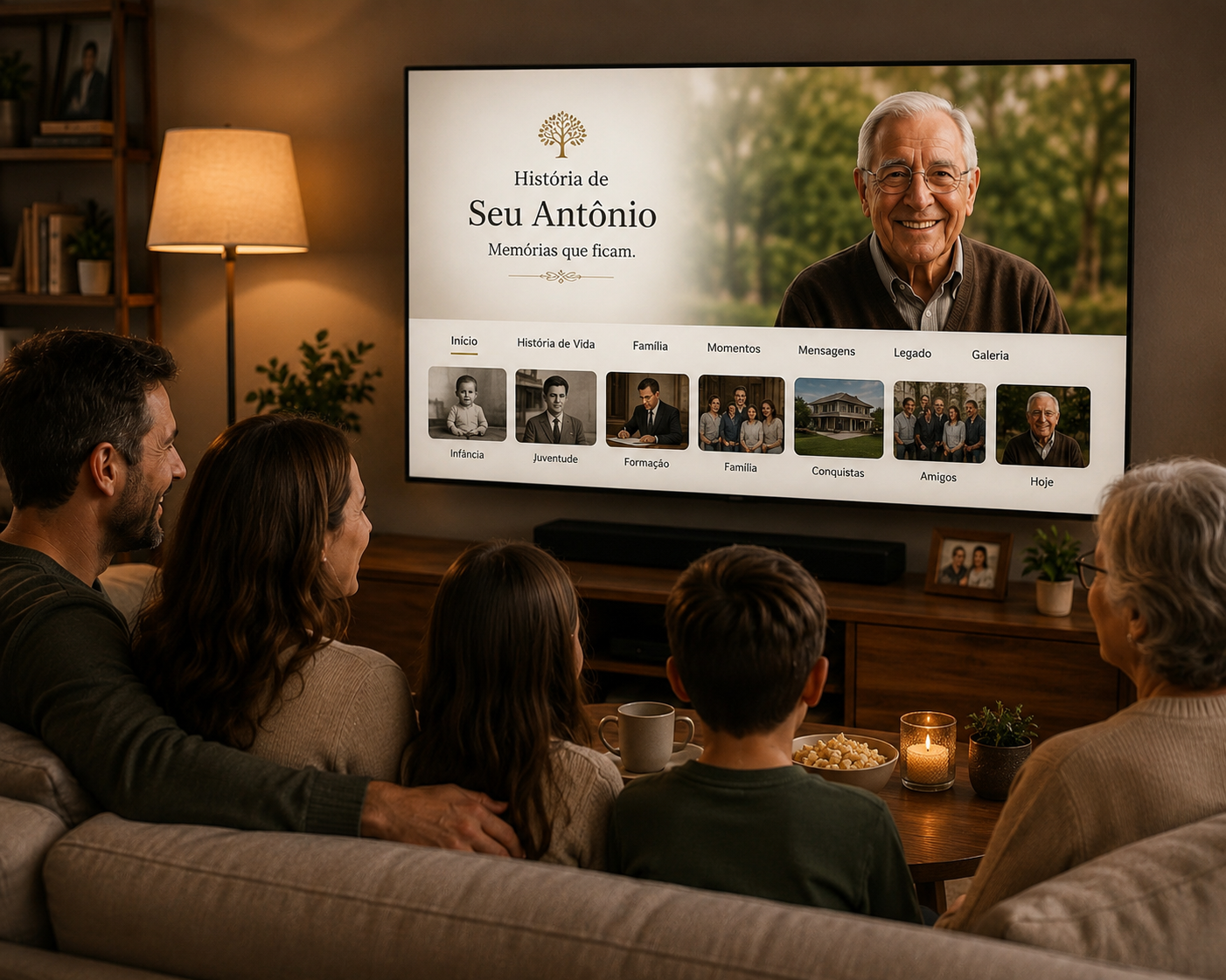 Família reunida assistindo a uma história na televisão