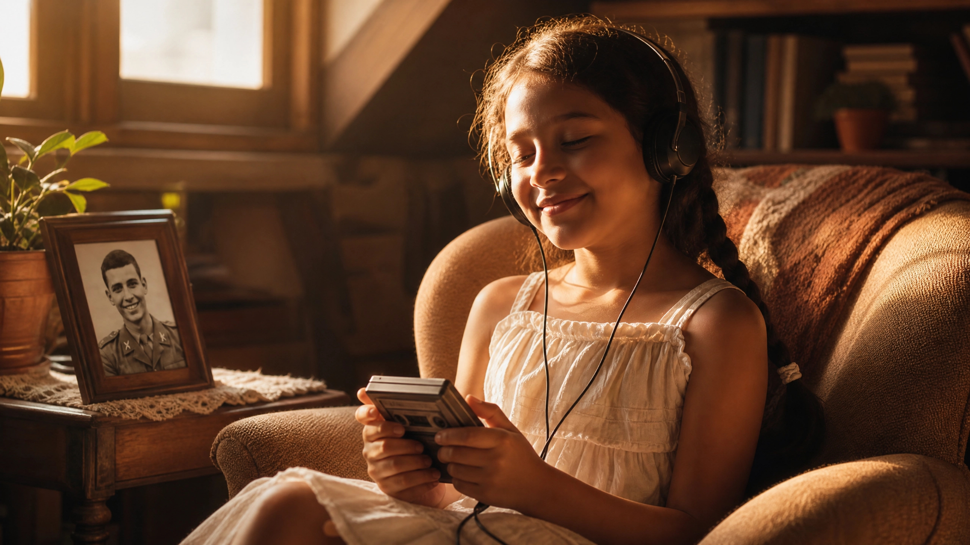 Menina ouvindo, com fones, um áudio antigo enquanto observa o retrato do bisavô