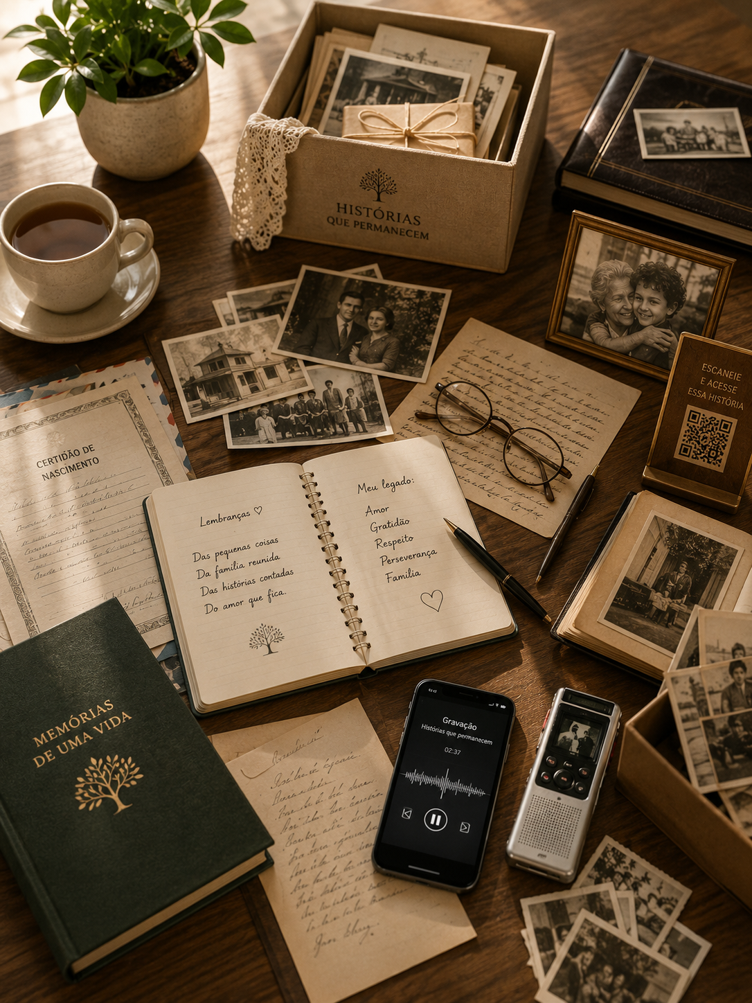 Objetos afetivos, fotografias, cartas e gravações organizados sobre uma mesa de madeira