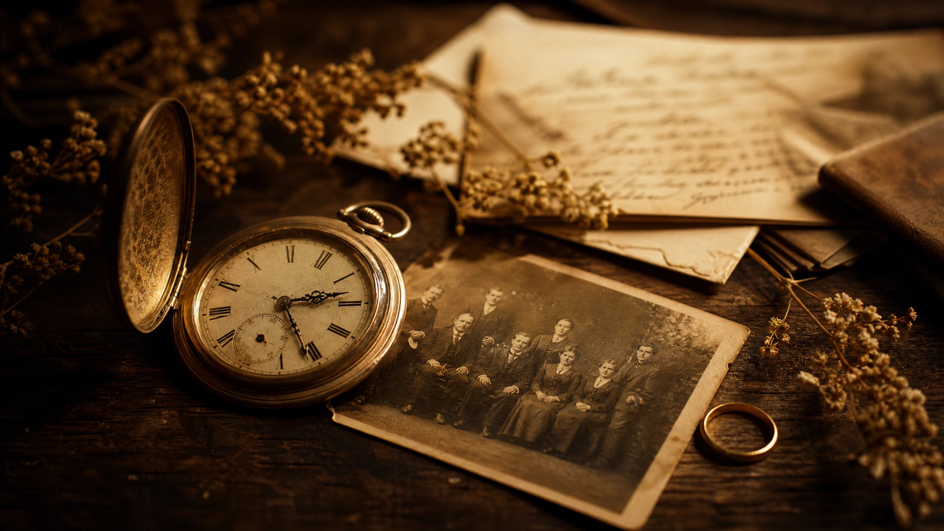 Objetos antigos, relógio de bolso, cartas e fotografia sobre mesa escura