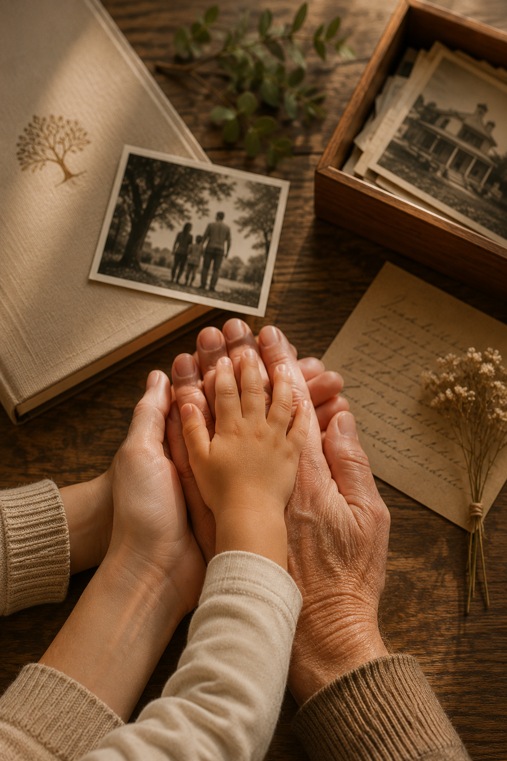 Mãos de diferentes gerações sobrepostas sobre uma mesa com lembranças