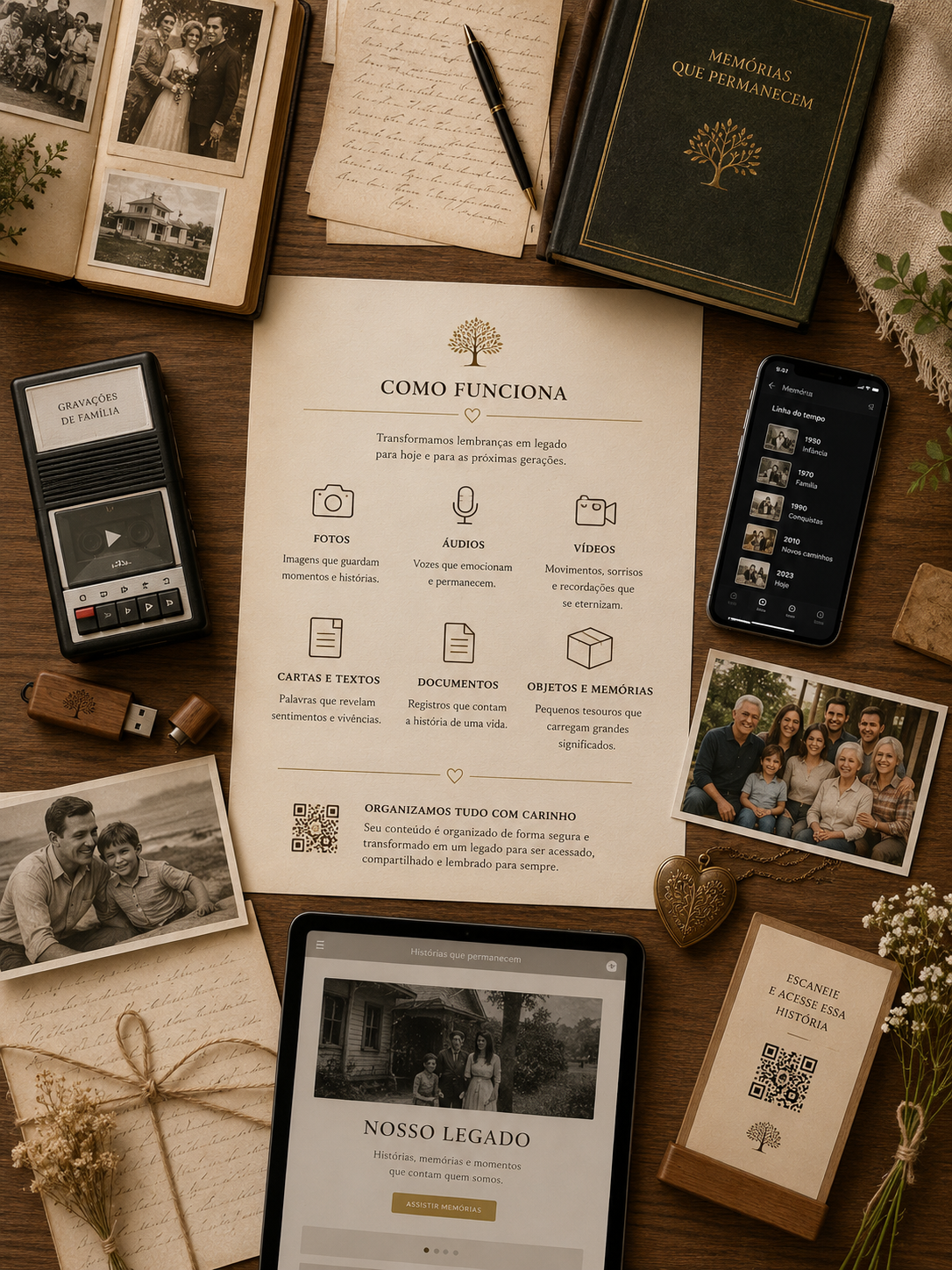 Mesa com fotografias, cartas e objetos de memória espalhados
