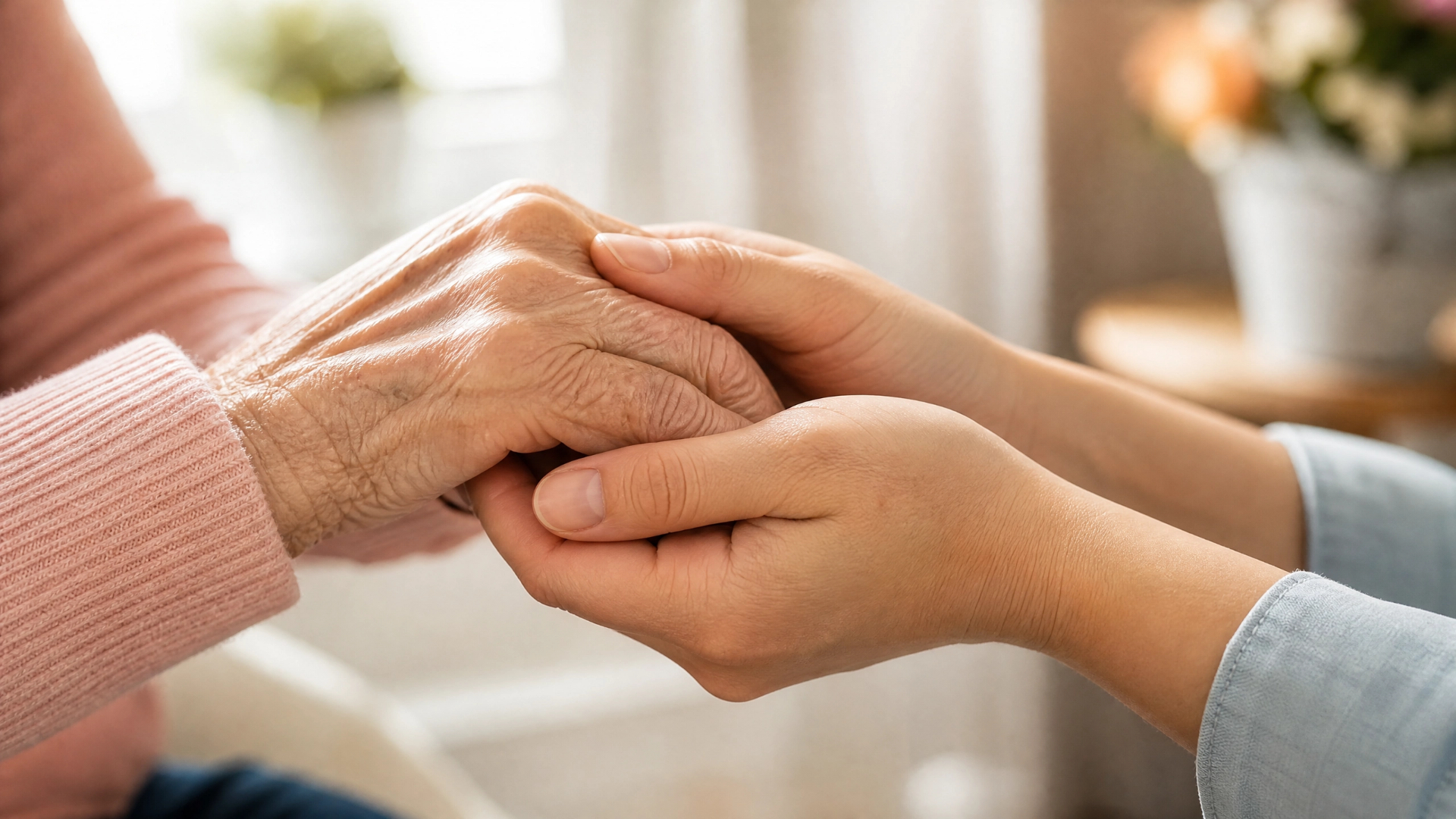 Mãos de uma pessoa jovem segurando as mãos de uma pessoa idosa