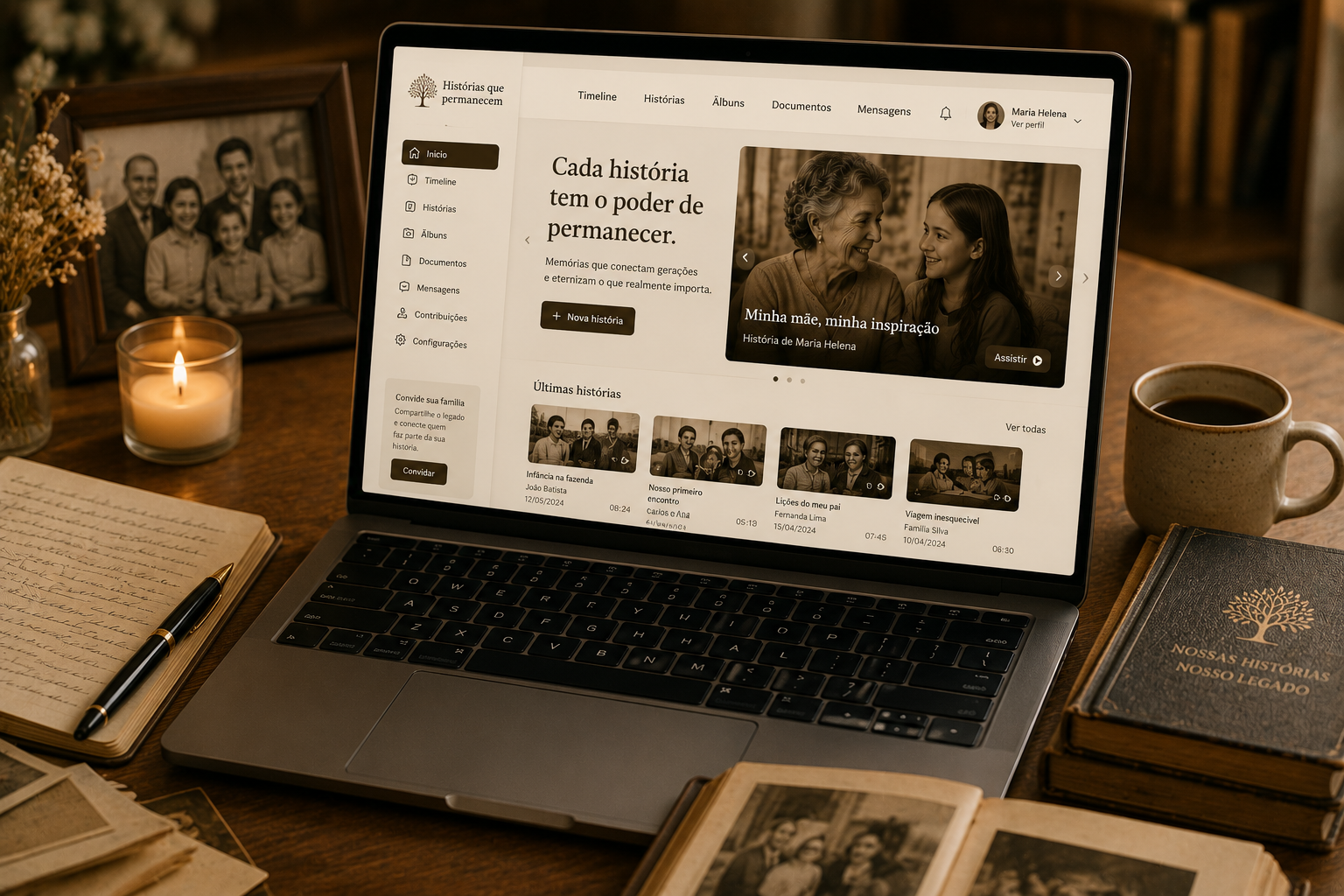 Notebook exibindo a plataforma com uma história de família aberta