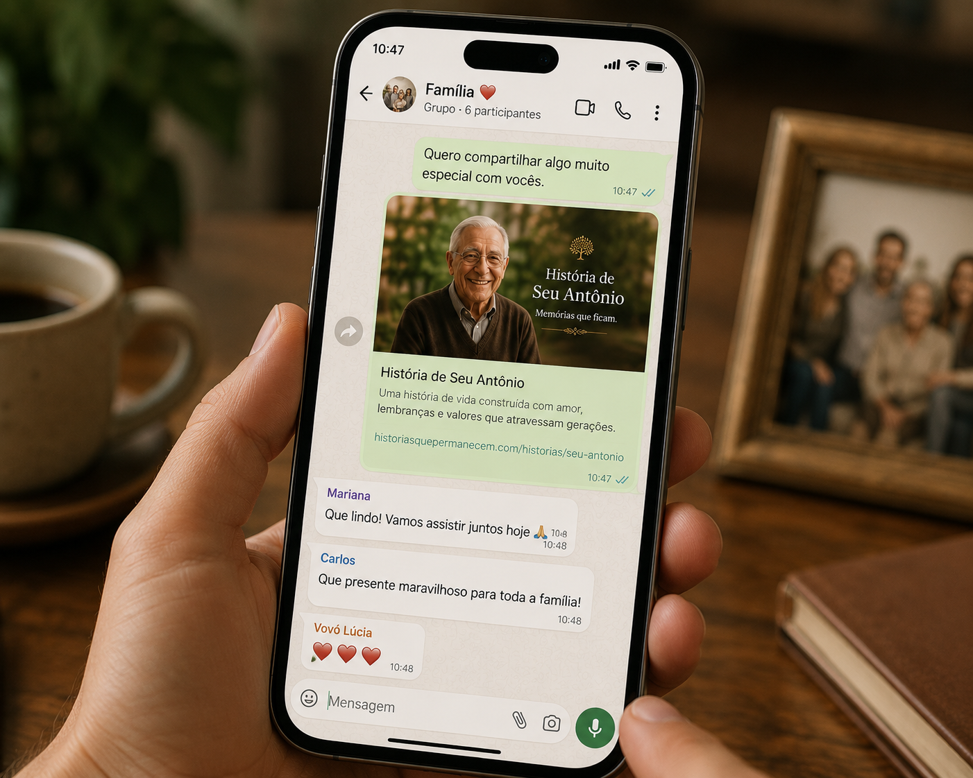 Tela de WhatsApp compartilhando o link de uma história de família