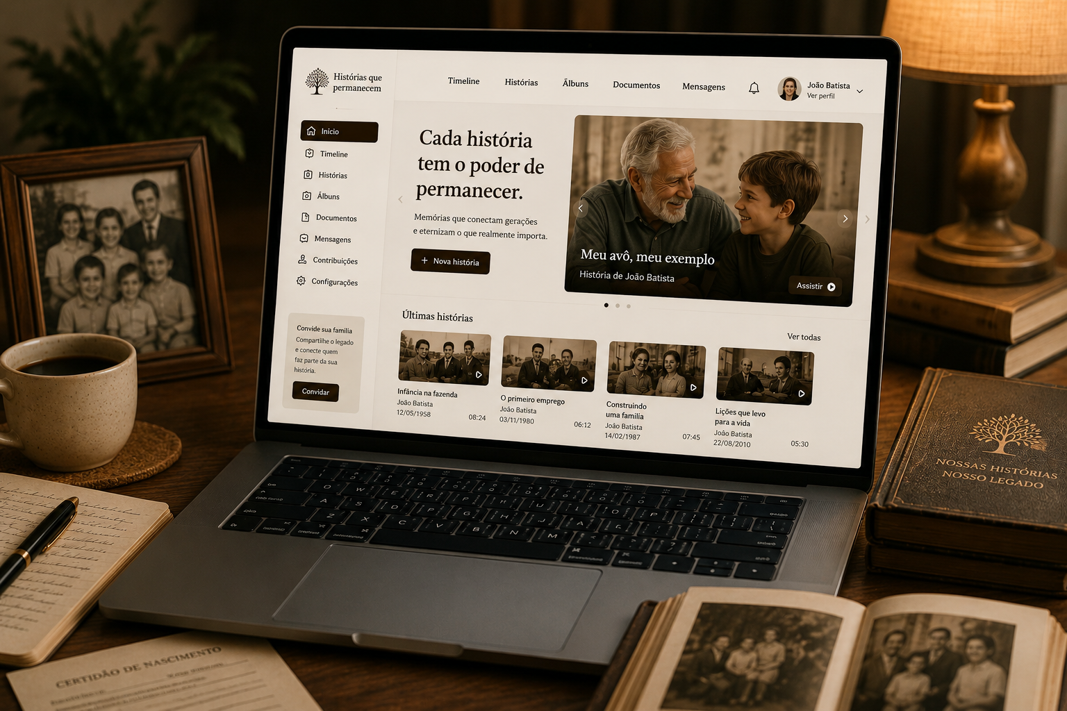 Plataforma exibindo a história aberta em um notebook