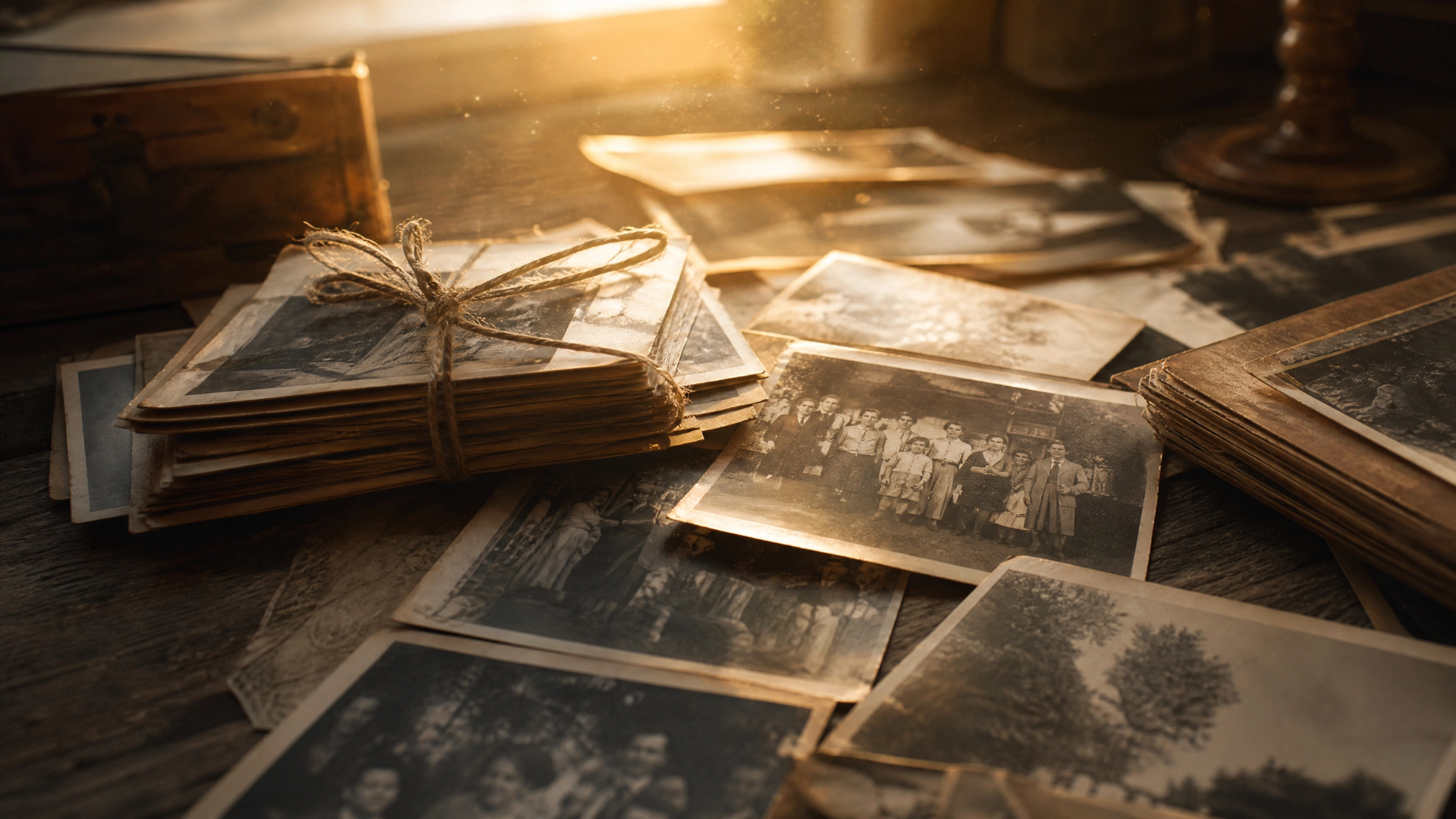 Fotografias antigas de família espalhadas sobre uma mesa de madeira ao amanhecer