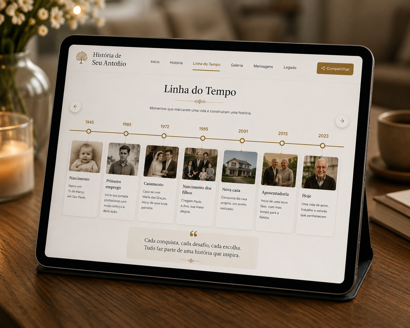 Linha do tempo aberta em um tablet