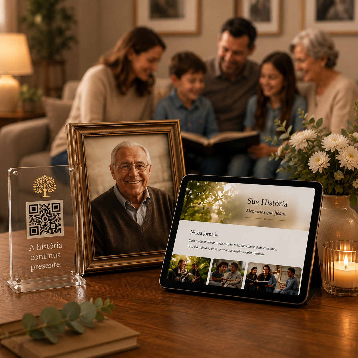Família reunida ao redor de retrato, tablet e placa com QR Code