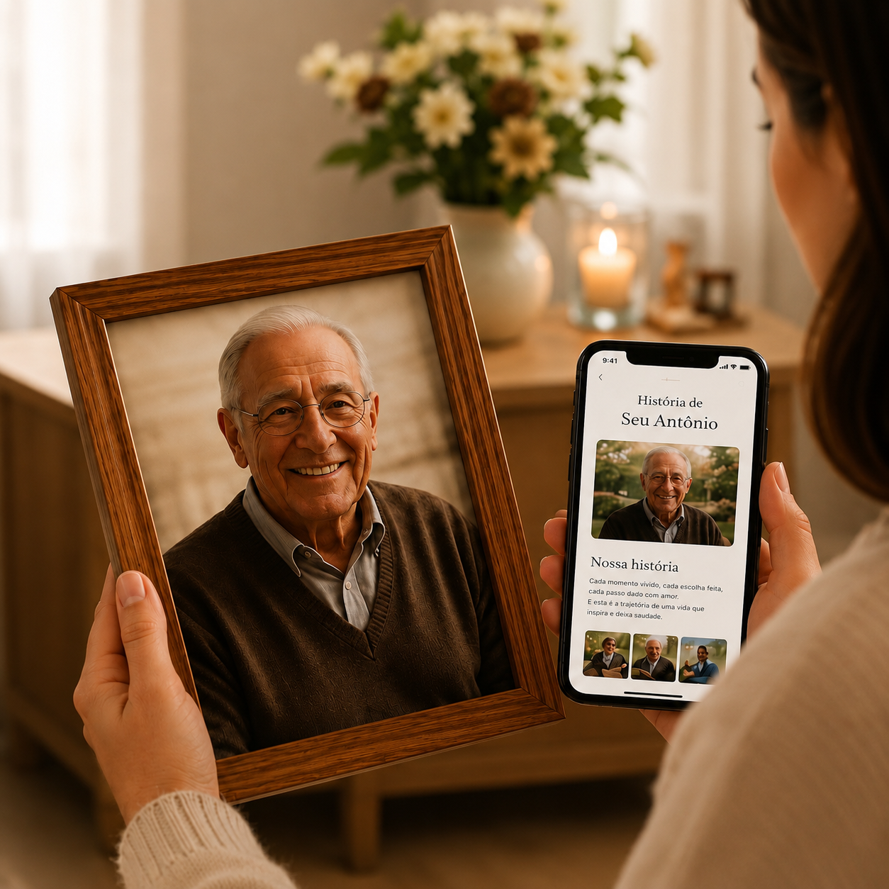 Retrato em moldura de madeira e celular com a história de Seu Antônio